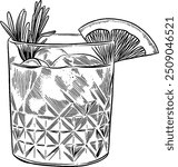 Hand drawn Paloma Cocktail Drink Sketch Illustration Engraving Woodcut Style