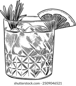 Hand drawn Paloma Cocktail Drink Sketch Illustration Engraving Woodcut Style