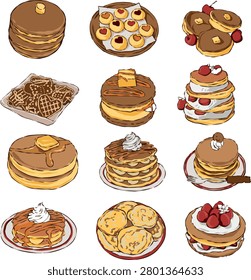 Hand Drawn Pancake and Breakfast Dessert Doodle Collection with Maple Syrup and Strawberries