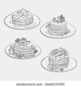 Hand drawn Pancake Illustration. Pancake vector set. Pancakes with syrup and fruits. Food Illustration