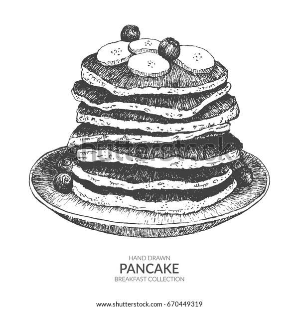 インクとペンで手描きのパンケーキ 白黒のビンテージイラスト 朝食または甘いデザートのベクター画像エレメント のベクター画像素材 ロイヤリティフリー