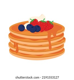 Hand drawn pancake with strawberry, blueberry fruits and maple syrup topping in pan cake clip art vector  for Shrove Tuesday