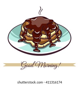 Hand drawn pancakes with chocolate on a plate. Pancakes in cartoon style isolated on white background. Vector illustration. 