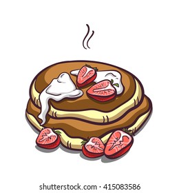 Hand drawn pancakes with cream and strawberries. Pancakes in cartoon style isolated on white background. Vector illustration.