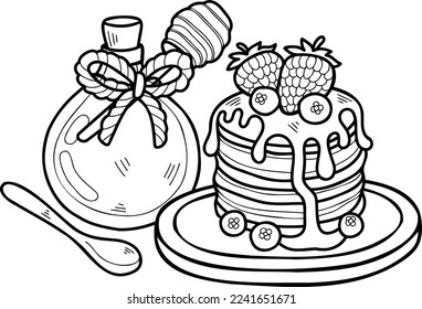 Hand Drawn Pancakes with honey and strawberries illustration isolated on background