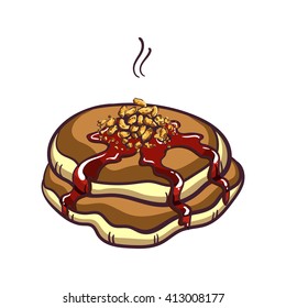 Hand drawn pancakes with nuts and jam. Pancakes in cartoon style isolated on white background. Vector illustration.