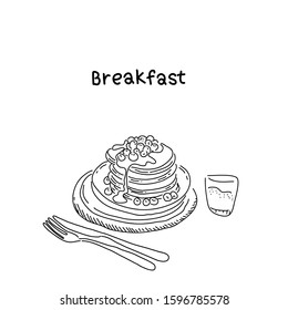 Hand drawn pancakes with strawberries and syrup. Decorative icon pancakes in an old style ink. Vector illustration of Pancakes on a plate.