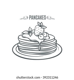 Hand drawn pancakes with strawberries and syrup. Decorative icon pancakes in an old style ink.  Vector illustration of Pancakes on a plate.