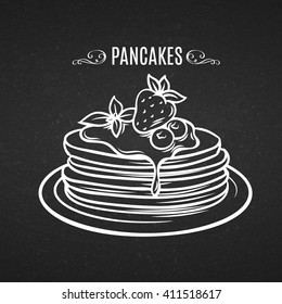 Hand drawn pancakes with strawberries and syrup. Decorative icon pancakes in style chalk board. Vector illustration of Pancakes on a plate.
