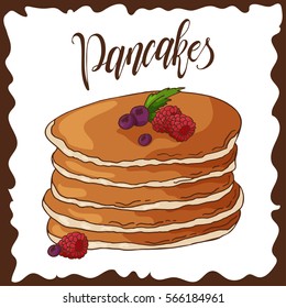 Hand drawn pancakes with strawberries. Vector illustration with lettering. Poster for menu or label design