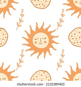 Hand drawn pancakes and sun Shrovetide seamless pattern. Perfect for textile, menu, postcard and print. Doodle vector illustration for decor and design.



