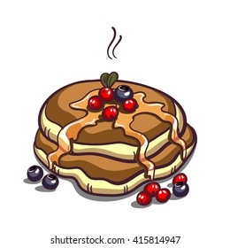 Hand drawn pancakes with syrup and berries on a plate. Pancakes in cartoon style isolated on white background. Vector illustration.