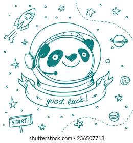 Hand drawn Panda Astronaut and ribbon for text or title. Vector colorful logo concept in doodle style. Banner with Good Luck wish.Vector hand drawing illustration isolated on white