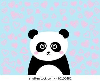 hand drawn panda. baby pink hearts background. black and white bear. vector. valentines day illustration. 