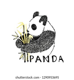 Hand drawn panda with bamboo. Vector illustration isolated on white. Panda Logo Design Inspiration.
