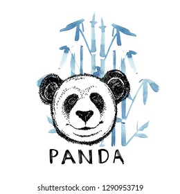 Hand drawn panda with bamboo. Vector illustration isolated on white. Panda Logo Design Inspiration.