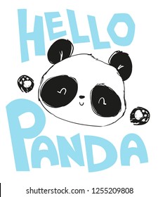 Hand Drawn Panda bear. Cute cartoon character. Children print on t-shirt.  Vector Illustration.