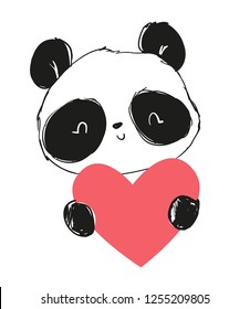 Hand Drawn Panda bear and heart. Cute cartoon character. Children print on t-shirt.  Vector Illustration.