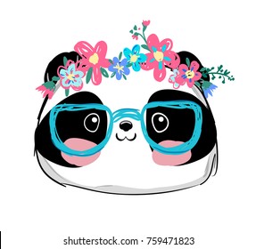 Hand Drawn Panda Bear Vector Illustration, Panda with glasses, print design, children print on t-shirt girl.