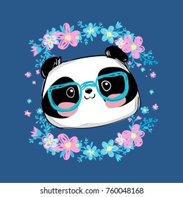 Handgezeichnete Panda Bear Vektor Illustration, Panda mit Brille und Blumen, Print-Design, Kinder drucken auf T-Shirt Mädchen.