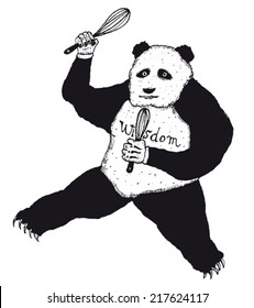 Hand drawn panda character/ Illustration of a doodle hand drawn funny black and white panda character holding kitchen whisks