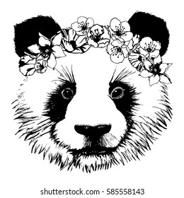 Hand drawn panda with circlet of flowers