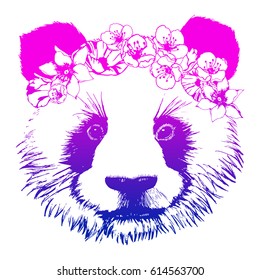 Hand drawn panda with circlet of flowers. Vector isolated illustration