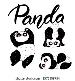 Hand drawn panda in different funny poses. Cute doodle set with lettering in vector on white background.