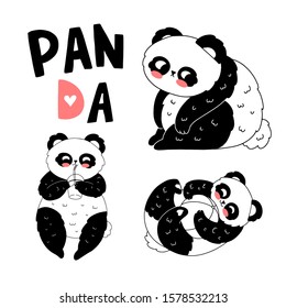 Hand drawn panda in different funny poses. Cute doodle set with lettering in vector on white background.