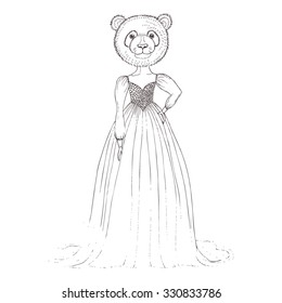 Hand drawn panda dressed up in the evening dress. Can be used to design for wedding invitation, card, poster, t-shirt. Princess style. Vector fashion illustration. 