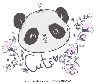 Hand Drawn Panda and flowers Bear Vector Illustration. Children prints.