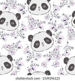 Hand Drawn Panda and flowers Bear Vector Illustration. Pattern seamless. Children prints.