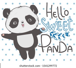 Hand Drawn Panda and flowers Bear Vector Illustration. Children prints.