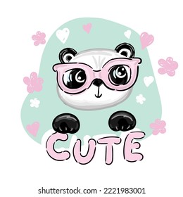 Hand drawn panda with glasses, cute panda bear vector illustration for children print design, kids t-shirt, baby wear