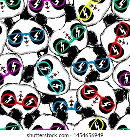 Hand drawn panda with glasses seamless pattern. Vector.