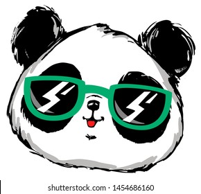 Hand drawn panda with green glasses isolated on white background. Vector illustration.