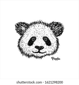 Hand Drawn panda head face logo vector icon. pet wild fauna silhouette line art. vintage rustic sketch look. For pet lover, cloth graphic, zoo care brand, community, label, club. cute and funny
