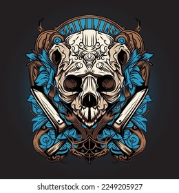 Hand drawn Panda head skull with scissor illustration ornament frame for apparel tshirt design and poster