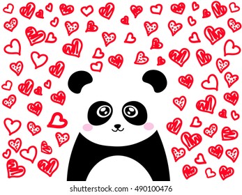 hand drawn panda.red hearts background. black and white bear. vector. valentines day illustration.  