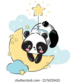Hand Drawn Panda and moon Childrens print for pajamas Vector illustration