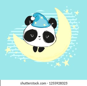 Hand Drawn Panda on the moon. Handwritten phrase Sleep all day. Children's print for pajamas. Vector illustration.