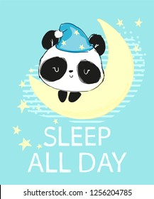 Hand Drawn Panda on the moon. Children's print for pajamas. Vector illustration.