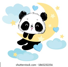 Hand Drawn Panda on the moon. Children's print for pajamas. Vector illustration.