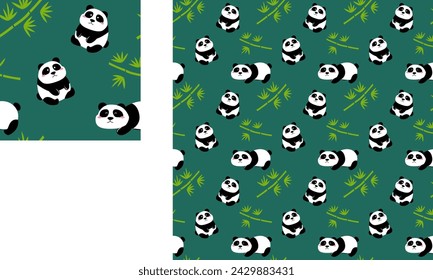 Hand drawn panda pattern design. Cute green delicate panda and bamboo seamless pattern background.

