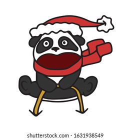 
Hand drawn Panda rides on a sled in a hat and scarf.Vector illustration on a white isolated background.Design for greeting cards banners.Animal