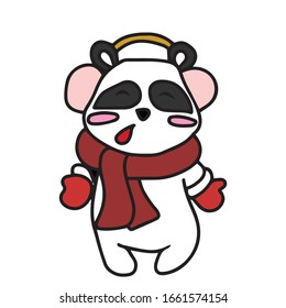 
Hand drawn Panda rides on a sled in a hat and scarf.Vector illustration on a white isolated background.Design for greeting cards banners.Animal