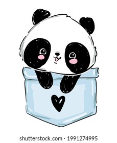 Panda dibujado a mano sentado en un bolsillo y corazón. Esbozar el material vectorial del oso panda gráfico. Elemento para el diseño. Moda infantil de Trend Print