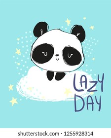 Hand drawn Panda is sleeping vector illustration. Handwritten phrase - Lazy Day. Children's print for pajamas.