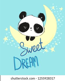 Hand drawn Panda is sleeping vector illustration. Handwritten phrase -sweet dream. Children's print for pajamas.