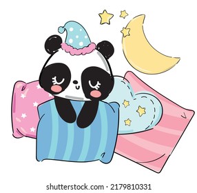 Hand Drawn Panda sleeps in pillows Childrens print for pajamas Vector illustration